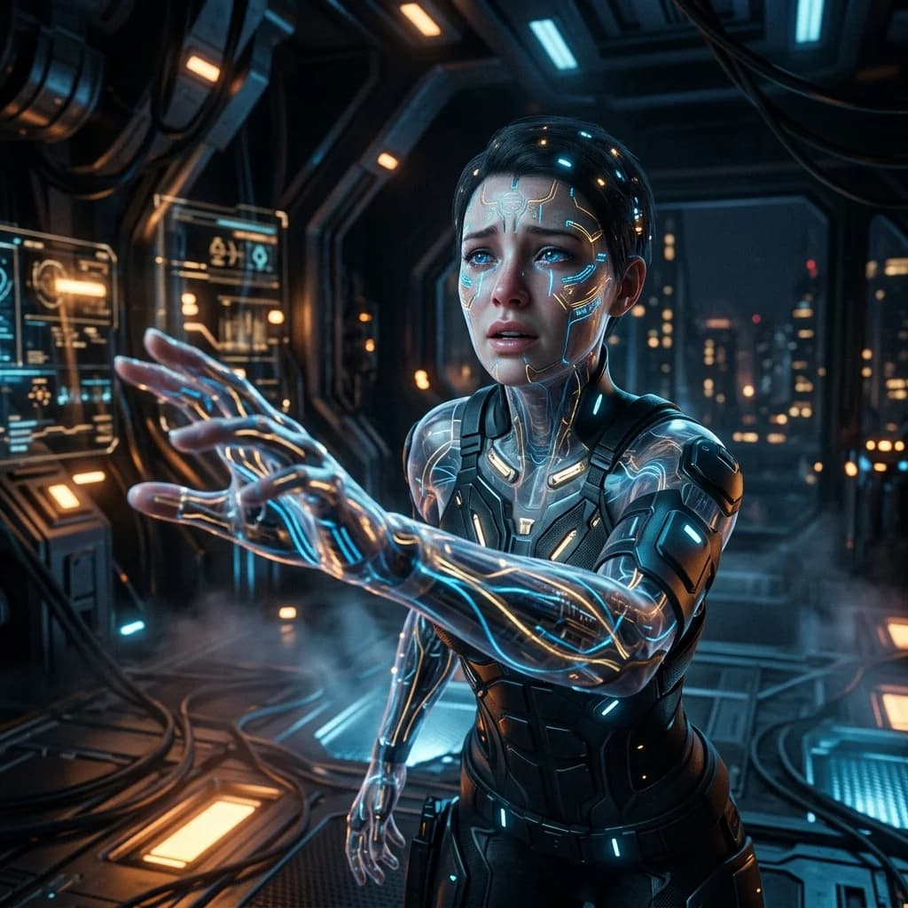 A futuristic game character with glowing neural pathways visible beneath translucent skin, reaching out with an expression of genuine emotion
