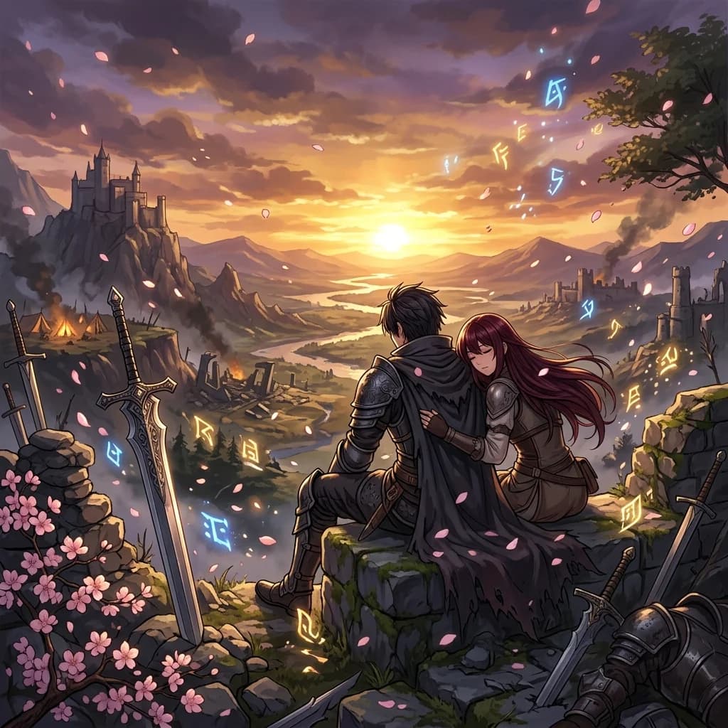 An anime-style warrior and companion sharing a quiet sunset moment on a fantasy battlefield with cherry blossoms and glowing runes