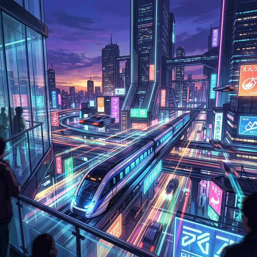 A dramatic cityscape collage featuring high-tech sci-fi gear and fantasy elements blending together under a neon sky.