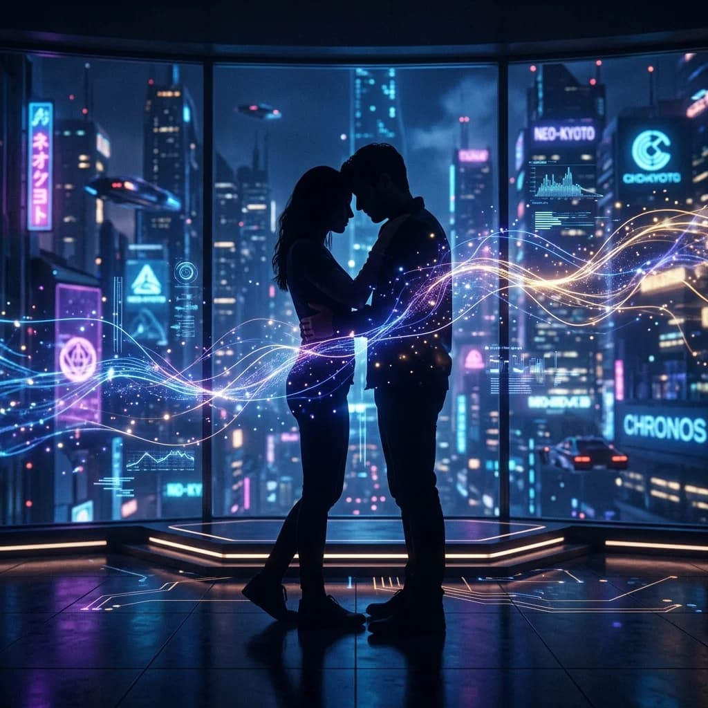 A futuristic scene of two silhouettes sharing an intimate moment in a neon-lit holographic space with neural connection patterns