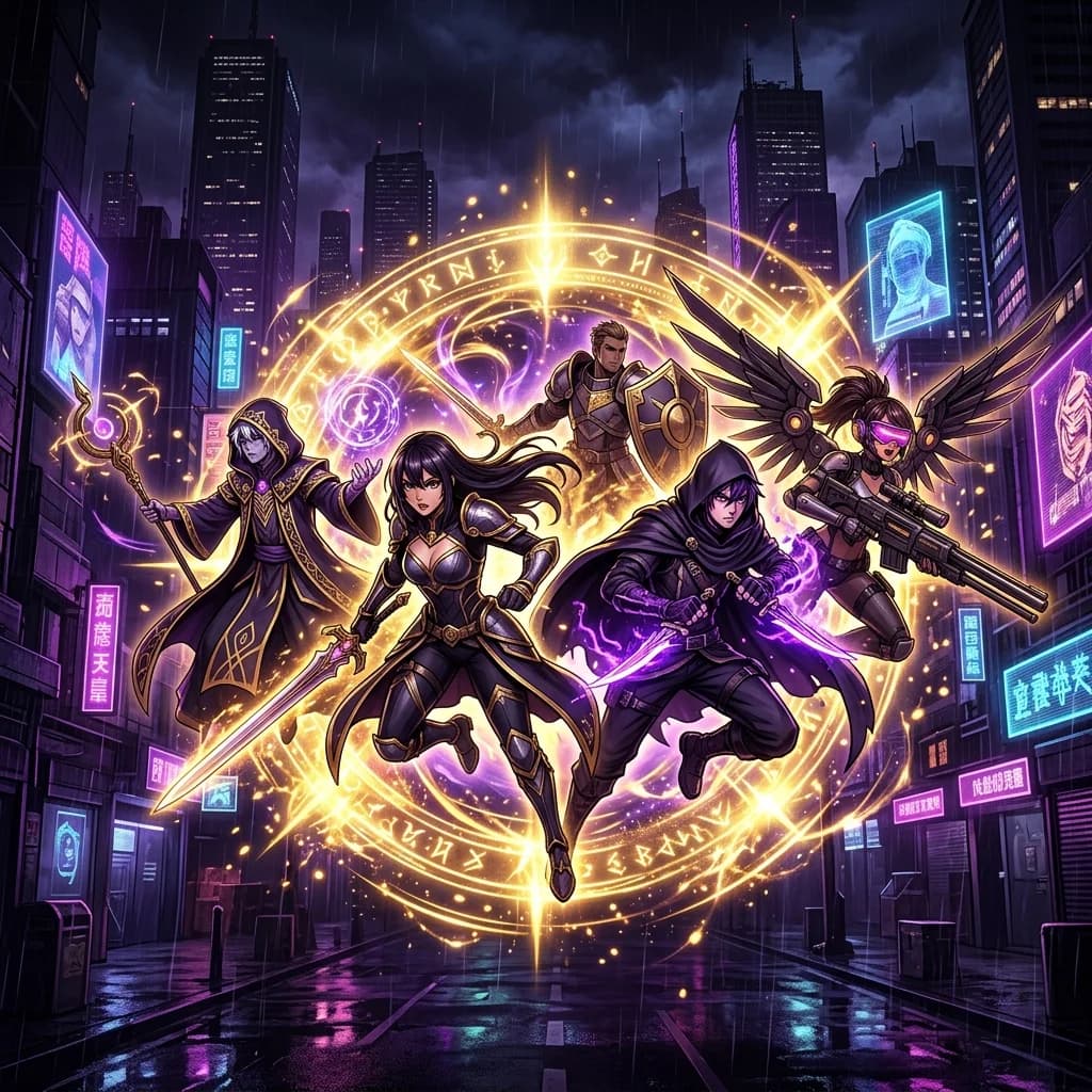 A dramatic collage of anime-style characters emerging from a glowing golden summon portal against a dark cyberpunk cityscape
