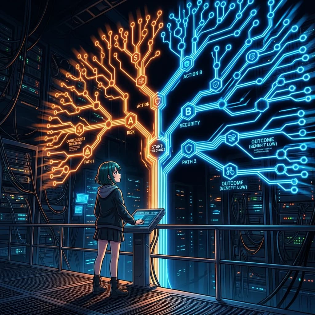 A player navigating a complex choice menu with shifting narrative branches visible in the background.