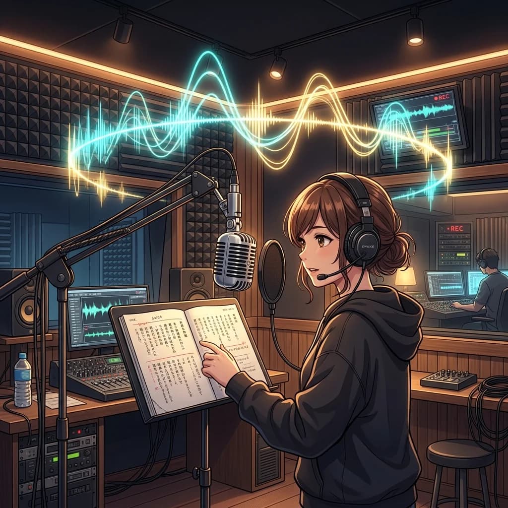 A recording studio microphone in front of a soundproof wall, representing emotional voice acting.