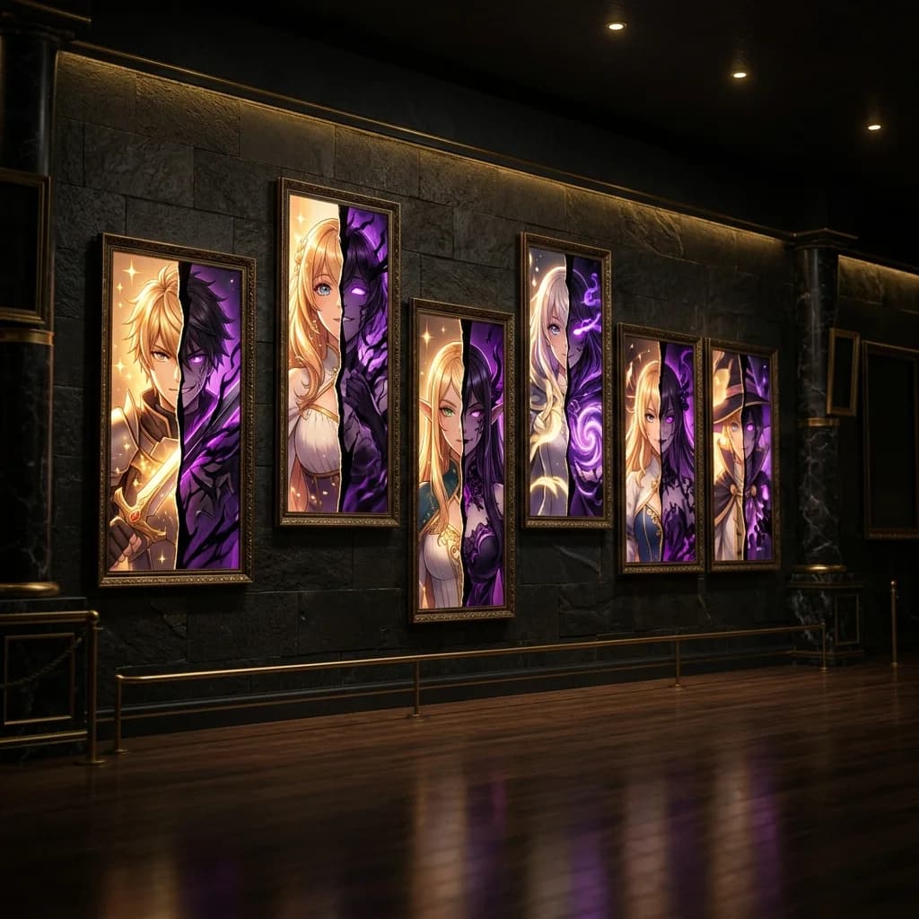A gallery of diverse character portraits each split between a polished public face and a hidden shadow self, arranged in a dramatic grid