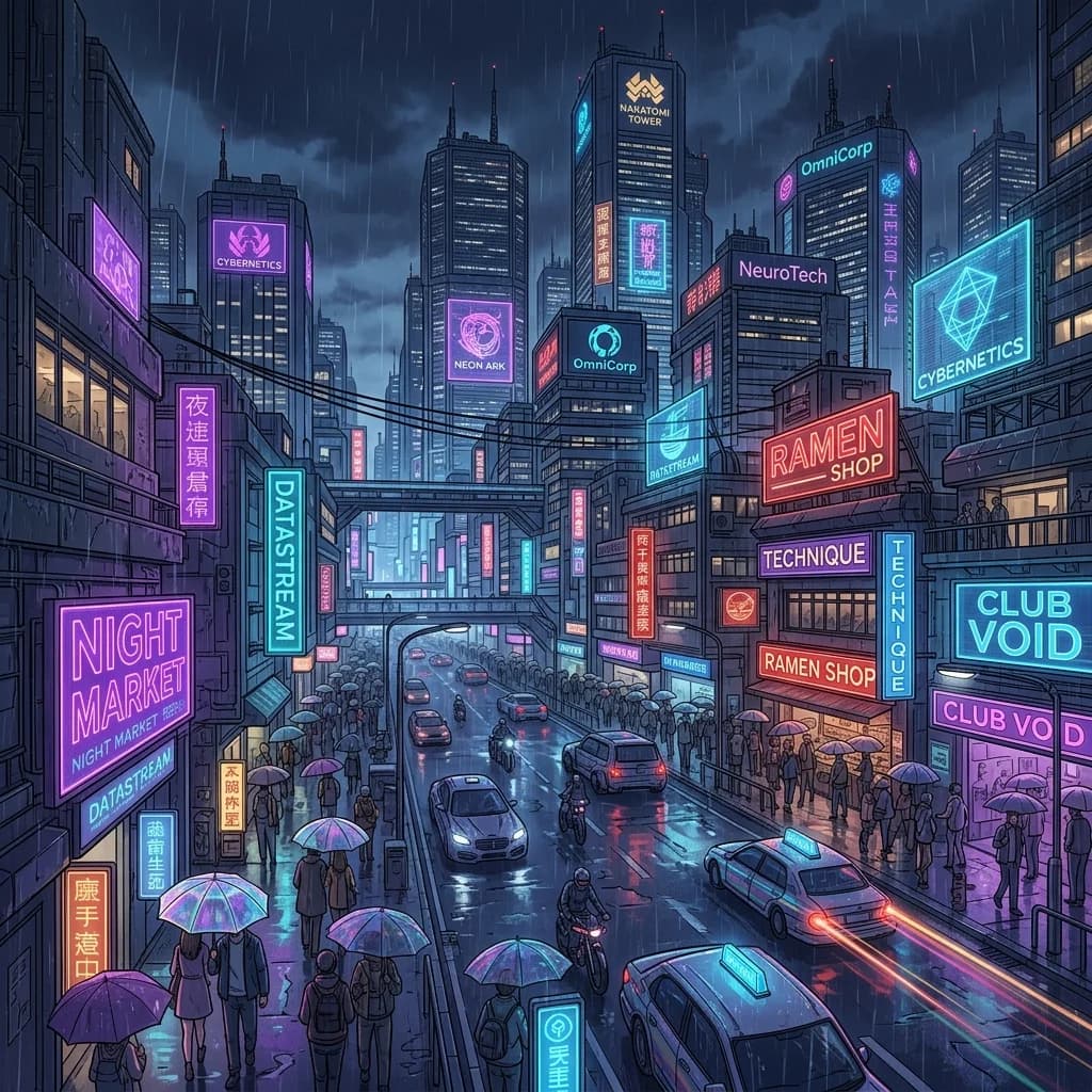 A cozy balcony in a futuristic cyberpunk city where two characters sit talking under neon lights.