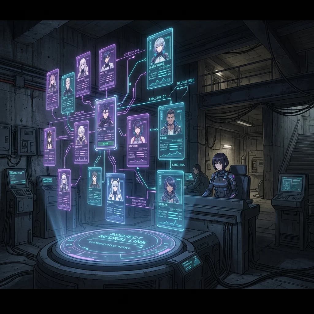 A visual timeline showing pixelated visual novel sprites transitioning into highly detailed, glowing AI-driven characters.