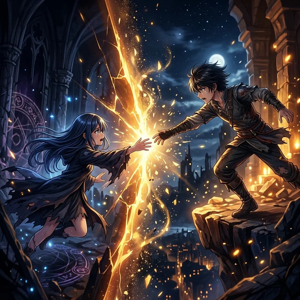Two anime characters reaching toward each other across a divide of golden light and shadow, symbolizing connection through barriers