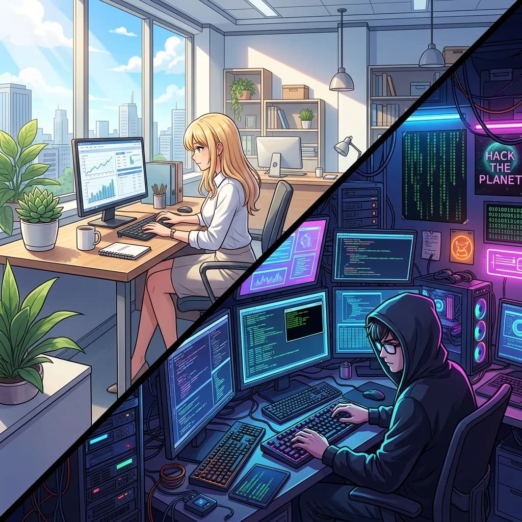 A split screen showing a bright, polished office building next to a dark, neon-lit alleyway, symbolizing the dual-life theme.