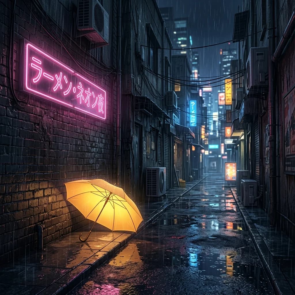 Two characters holding hands while sitting on a balcony looking out at a towering dystopian city.
