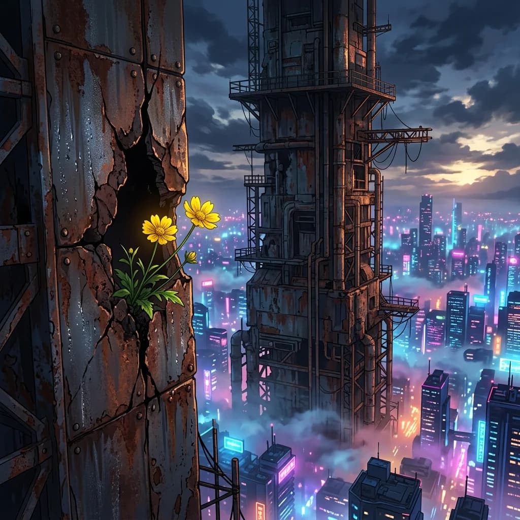 Two silhouettes sharing an intimate embrace against the backdrop of a massive, sterile corporate skyline illuminated by neon advertisements.
