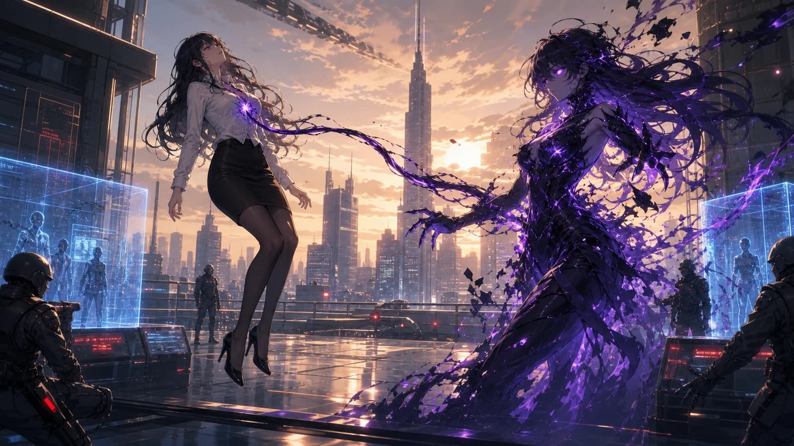 A classified Aegis Harmony incident response scene with containment barriers around a catatonic citizen while holographic warning indicators pulse overhead.