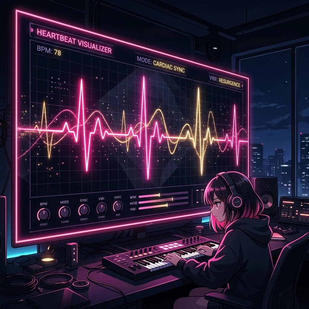 A symbolic visual of a glowing heart pattern intersecting with a combat interface, representing emotional metrics replacing health bars.