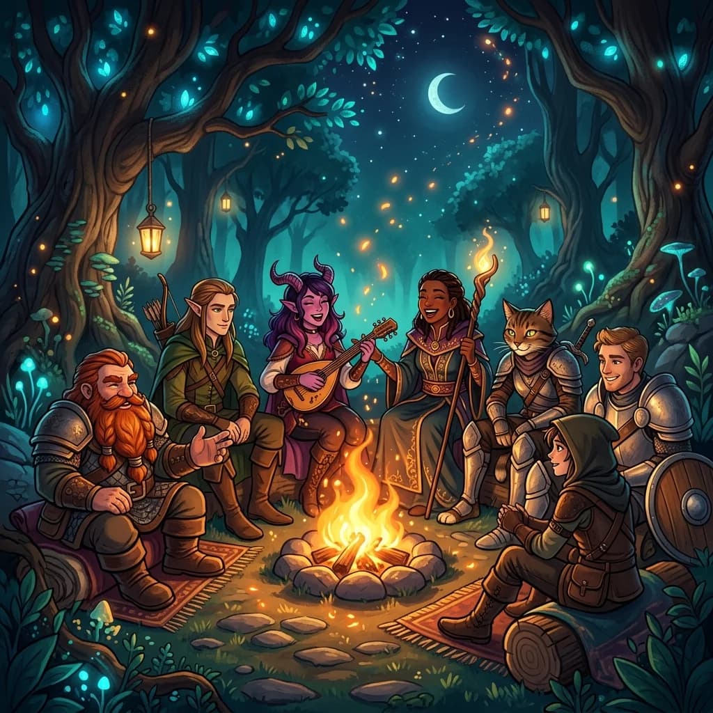 A warm scene of diverse game characters gathered around a glowing campfire in a magical forest, sharing stories and building bonds