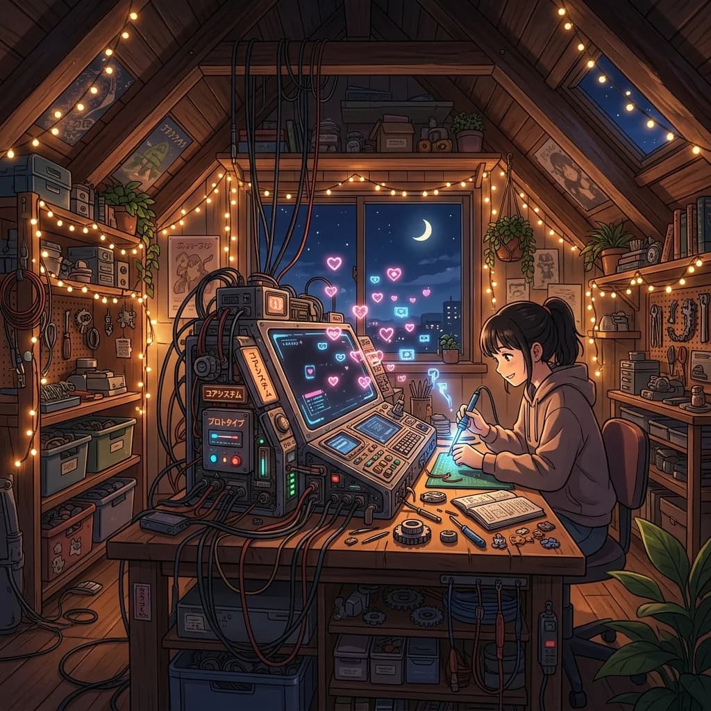 A cozy setup of a handheld screen displaying a story-heavy game interface surrounded by warm, soft lighting.