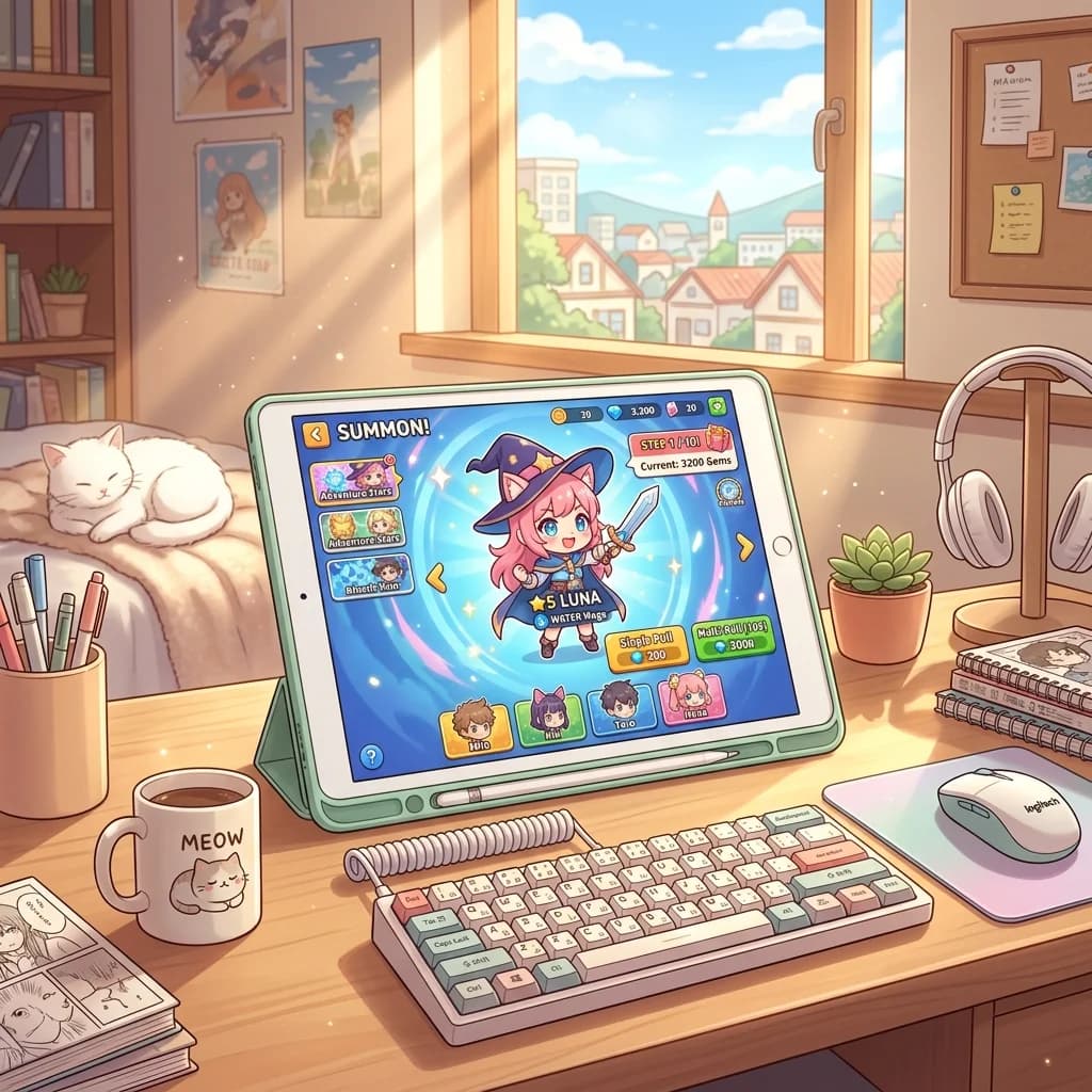 A bright, welcoming interface showcasing friendly anime characters and colorful summon banners designed for new players.
