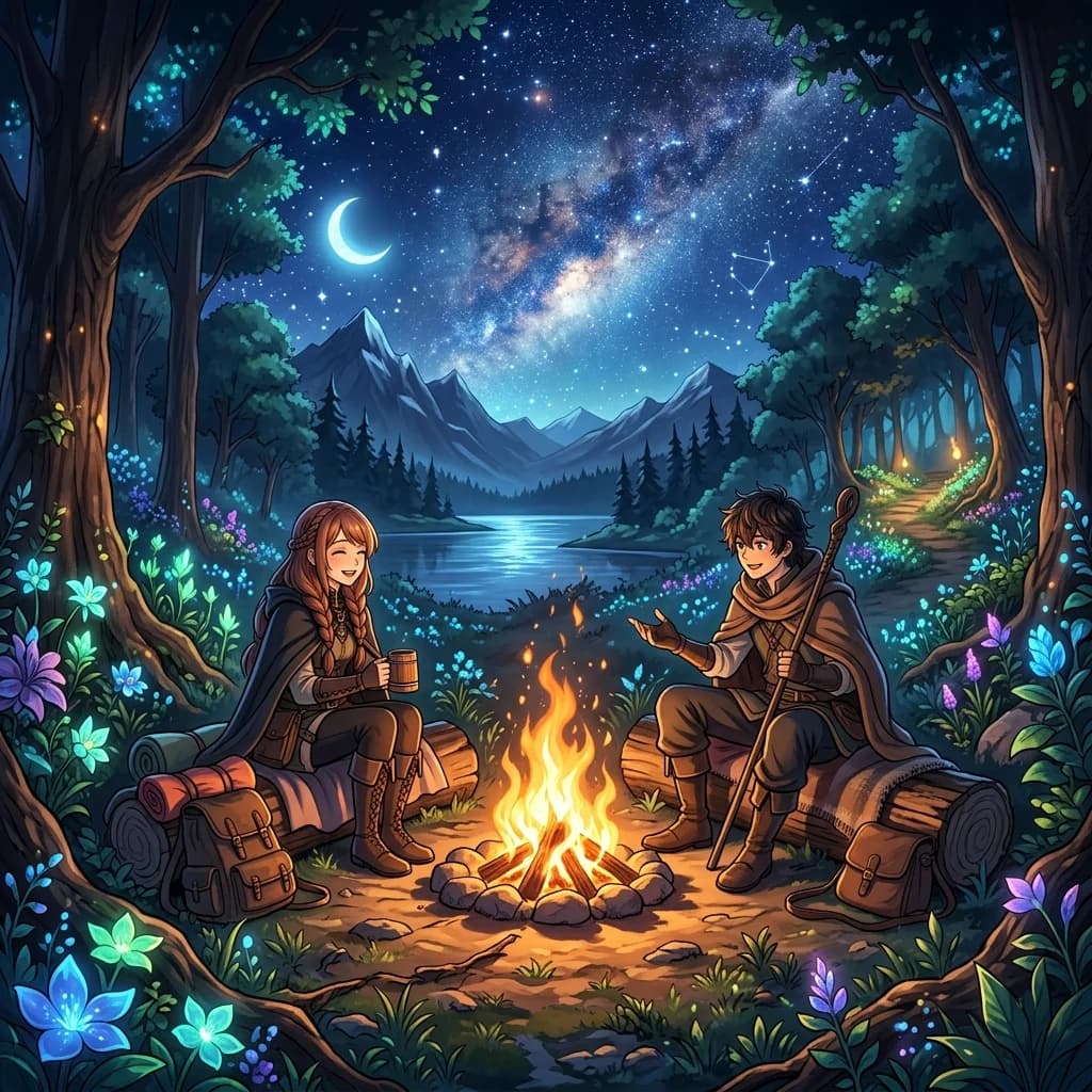 An ancient campsite illuminated by a warm fire, with two characters sitting close, sharing a quiet, intense conversation