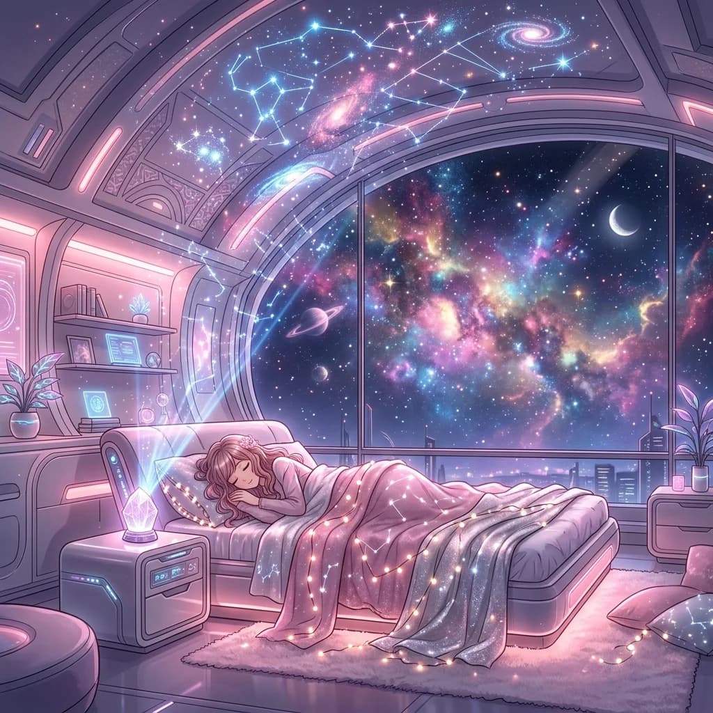 A high-fidelity 3D close-up of hands reaching toward each other in a futuristic, starlit conservatory