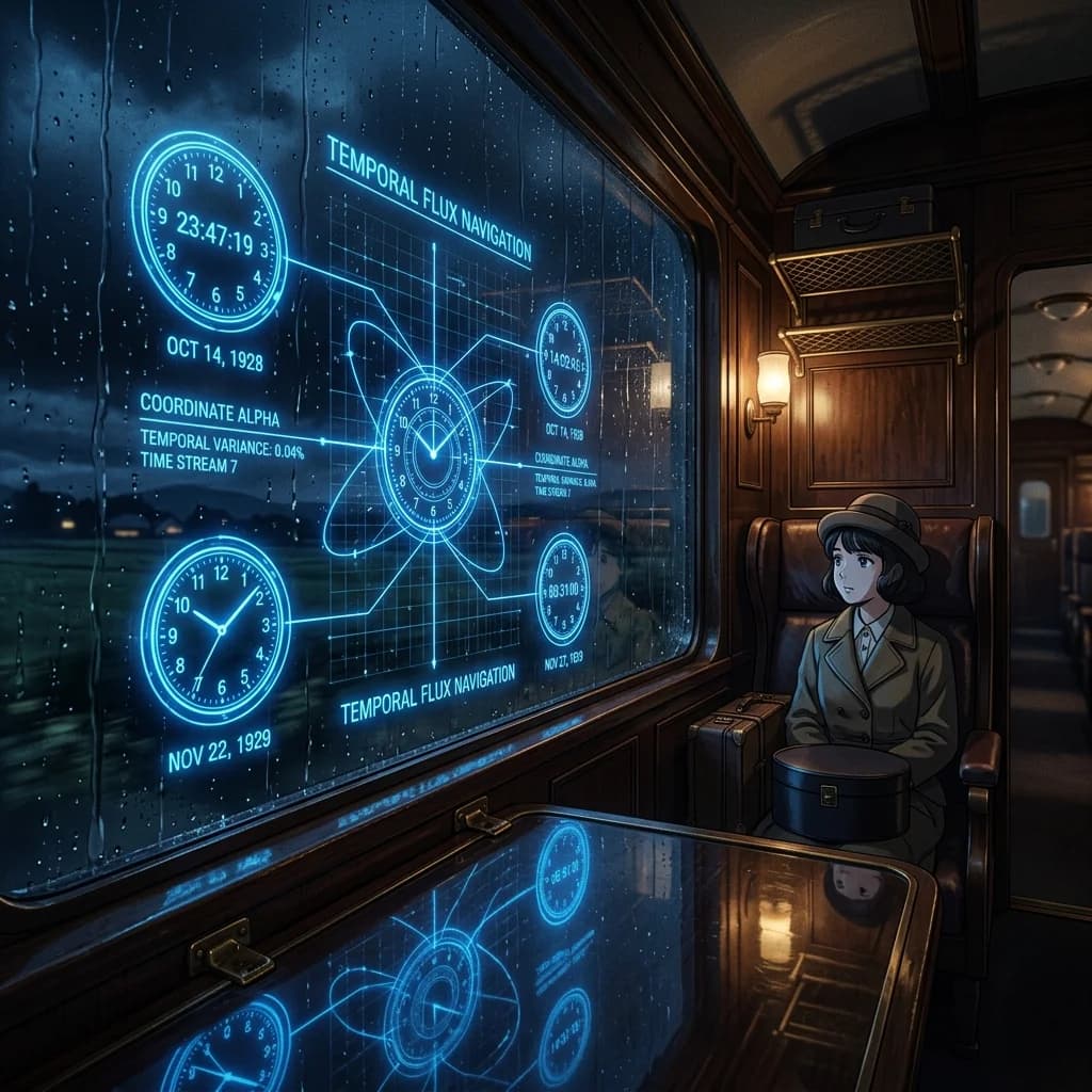 An ornate vintage typewriter surrounded by floating clock gears and glowing threads of historical timelines