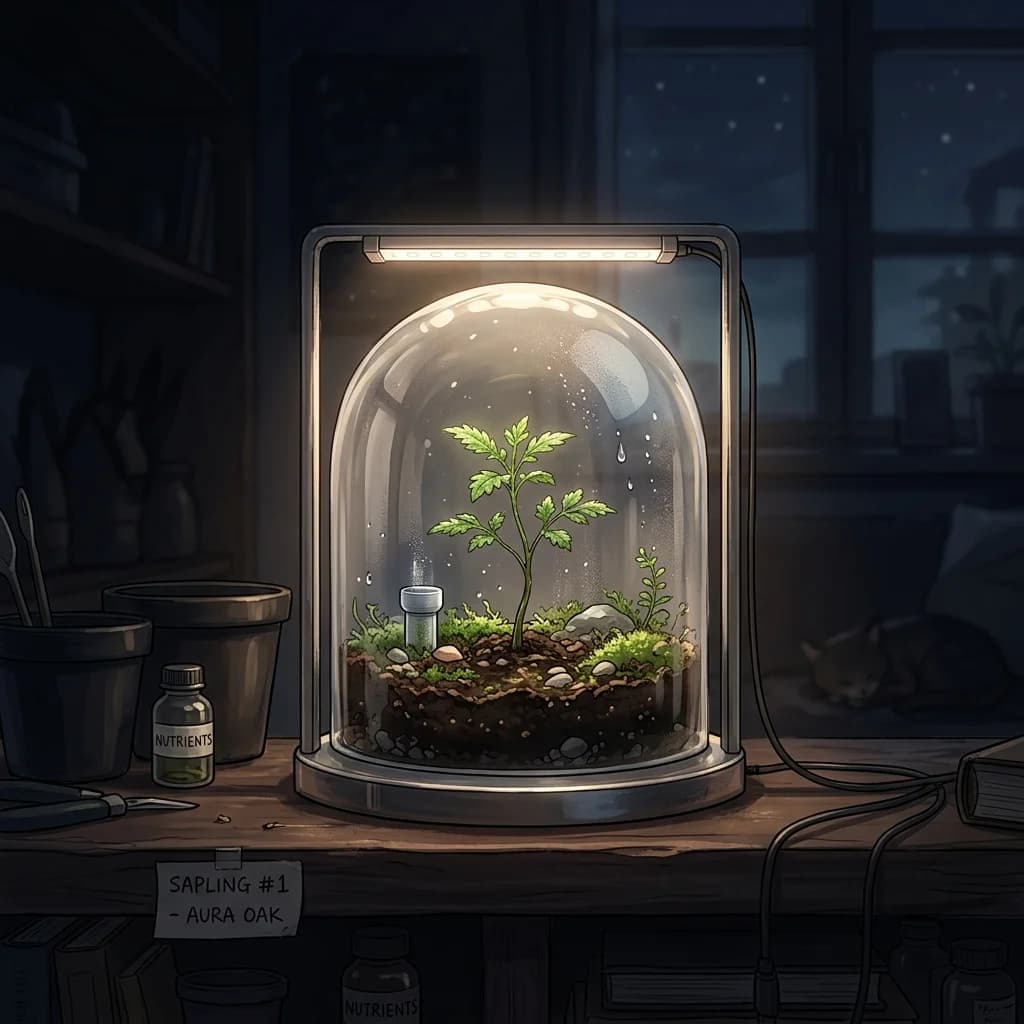 A quiet study overlooking a growing city, with books, tools, and a single seed sprouting in a pot.