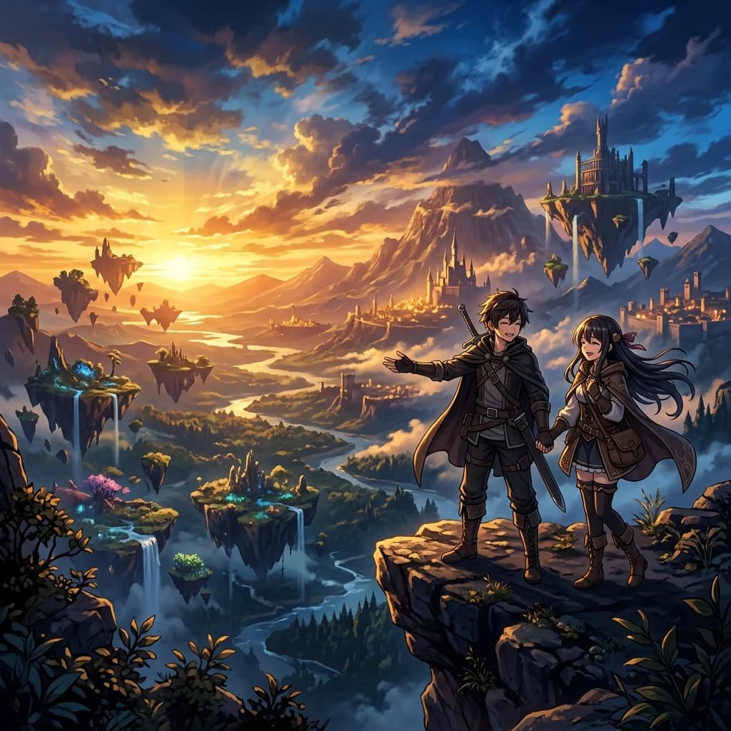 An anime adventurer standing at a cliff overlooking a vast open world at golden hour, reaching out to hold hands with a companion character