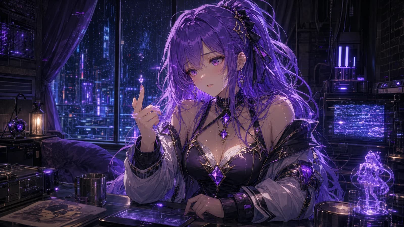 Lyra seated inside a hidden Blindspot space, holding up a tear-like droplet while purple synthetic glitch bloom gathers around her hand.