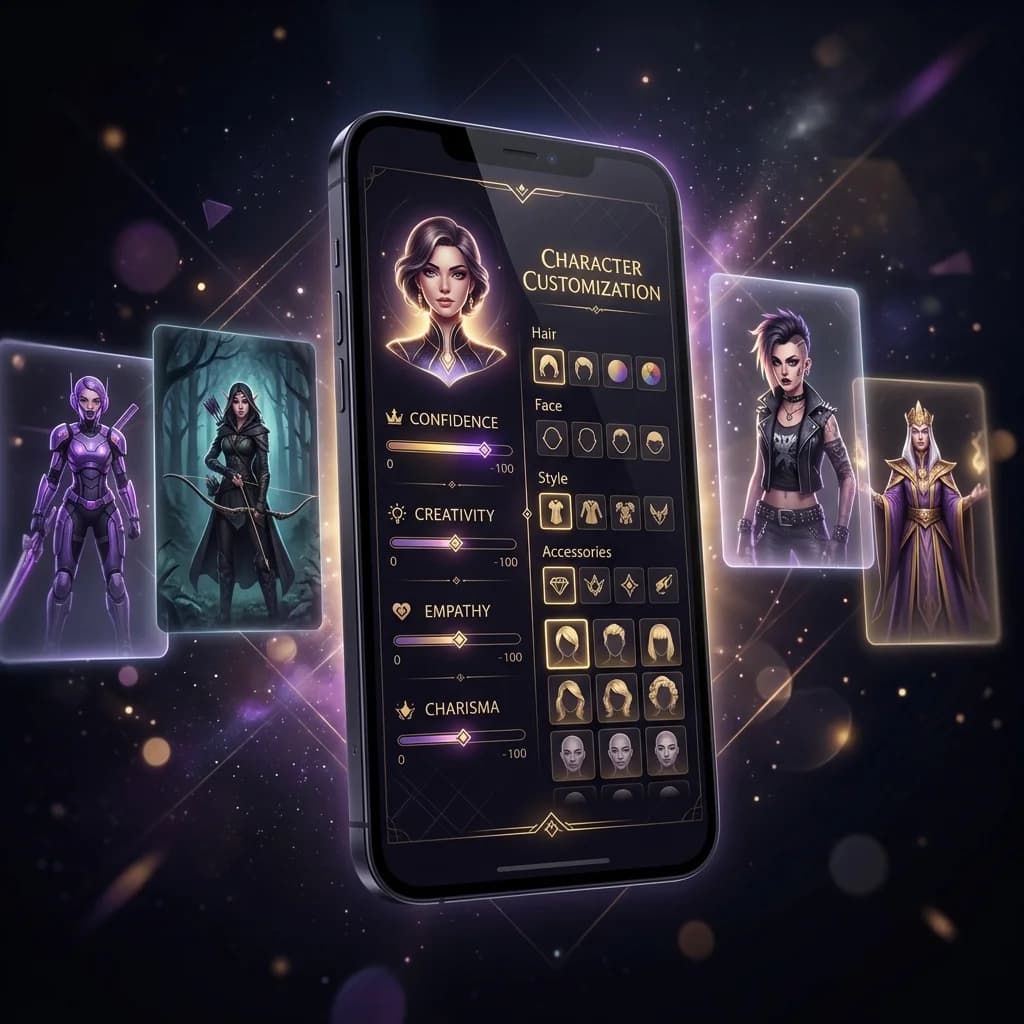 A stylized mobile device screen showing an elegantly designed character creator with multiple personality and appearance sliders in a premium dark UI
