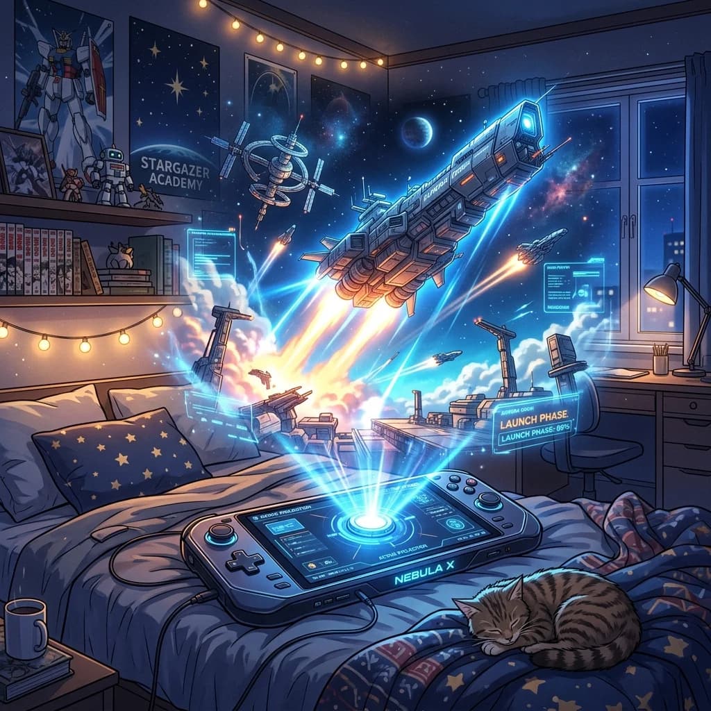 A hand holding a mobile phone showing a sweeping, highly detailed cinematic scene, symbolizing console-quality mobile storytelling.