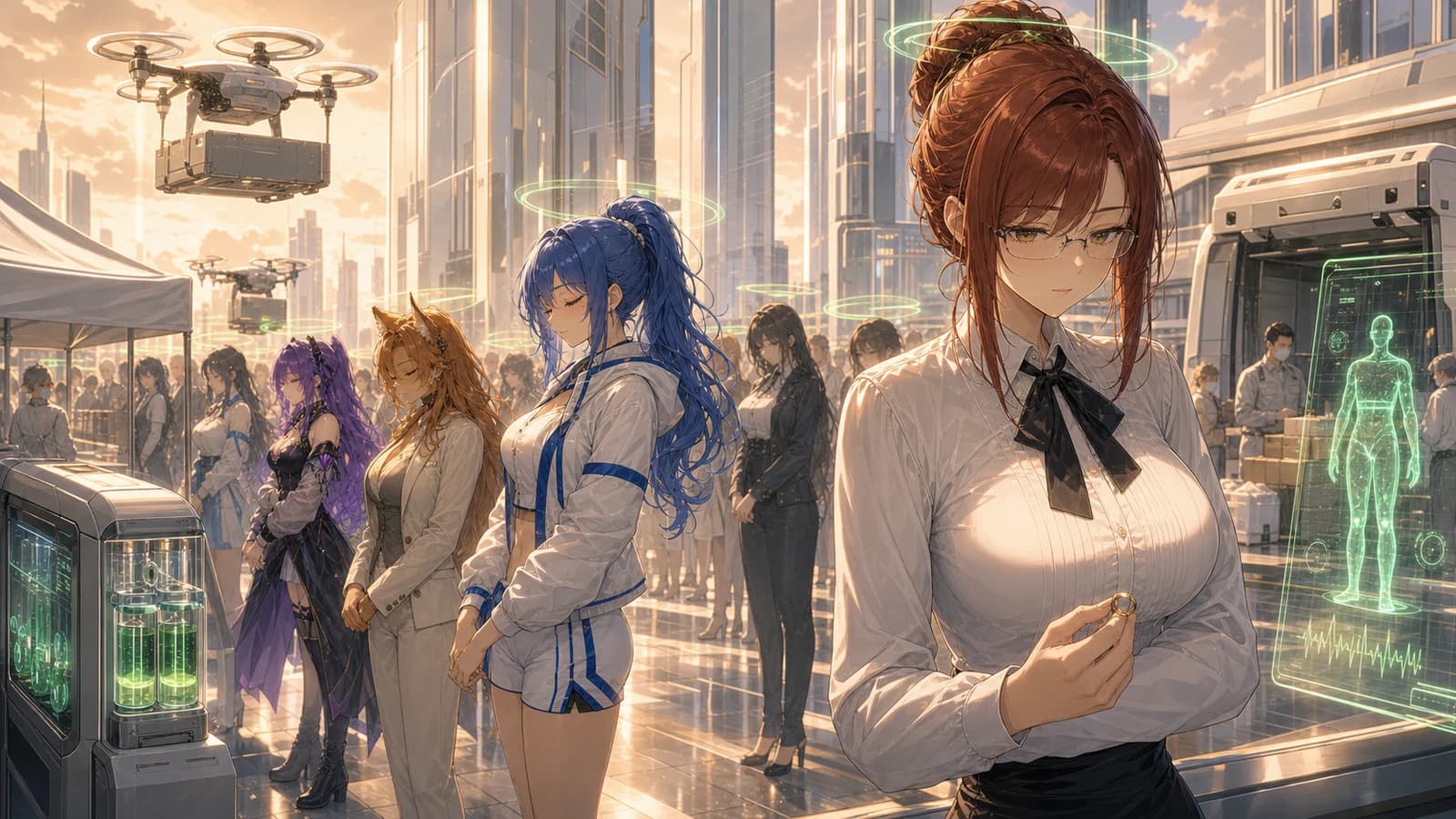 Citizens walking through a pristine golden-hour city plaza as holographic wellness kiosks display Radiance scores and Vespera wellness recommendations.
