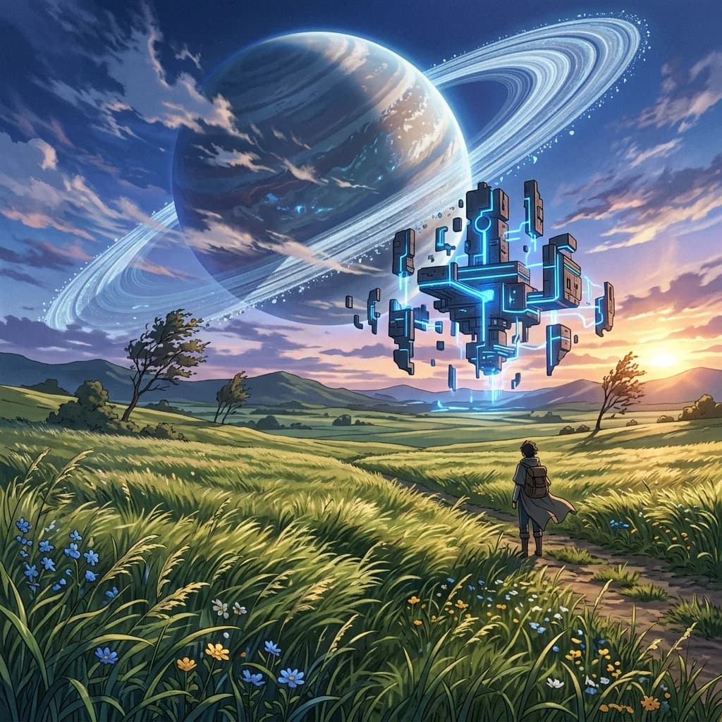 An expansive sci-fi open world with massive orbital rings floating in the sky, viewed from a high cybernetic overlook