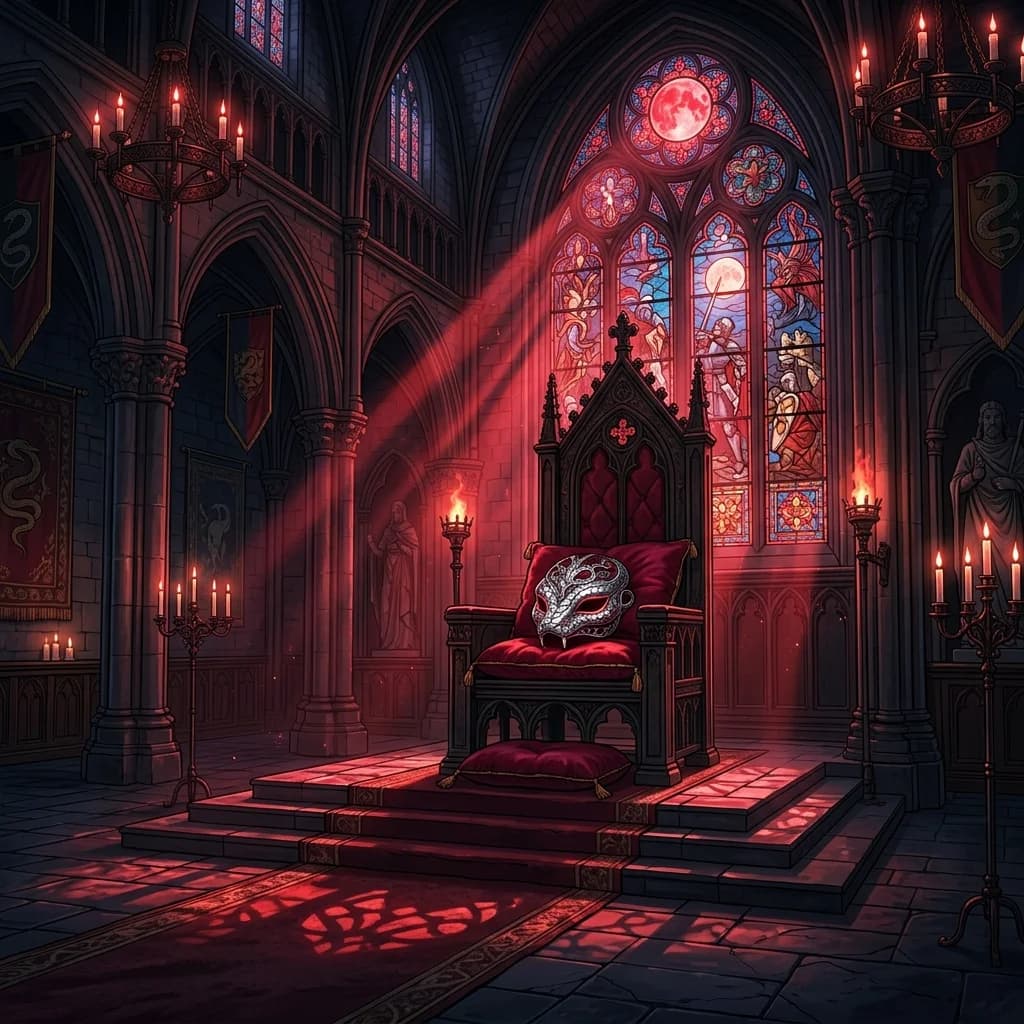 A shadowy figure in an elegant room standing before a glowing interface, representing complex relationships with antagonists.