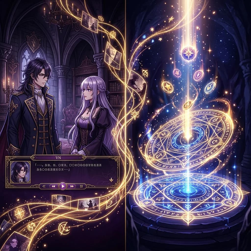 A dramatic split-screen showing a visual novel dialogue scene on one side and a glowing gacha summon circle on the other, connected by flowing narrative threads