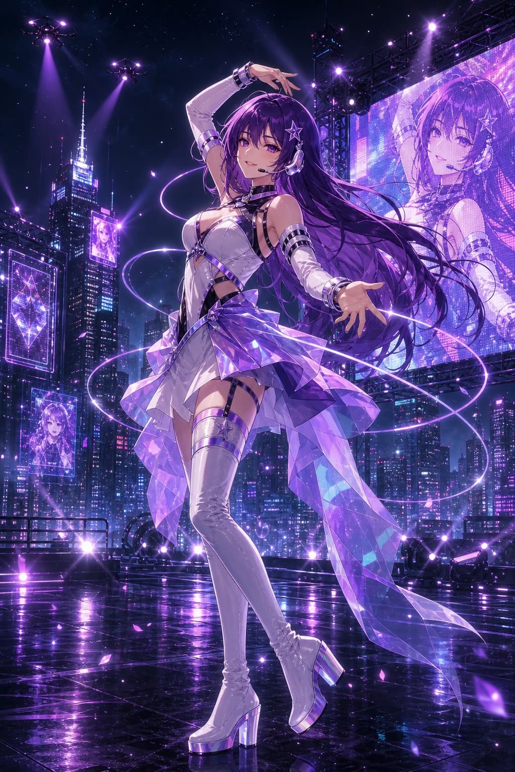 Lyra, a purple-haired cel-shaded anime holo idol performing on a Lumina Veil rooftop stage.