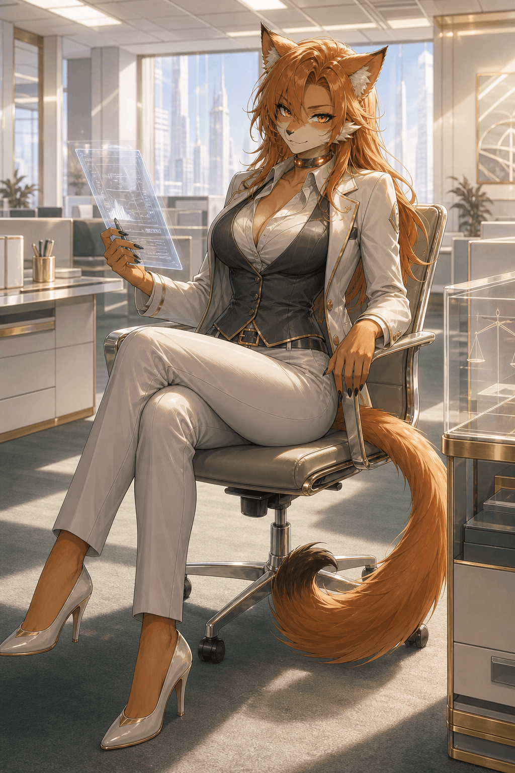Sable, an adult orange-furred anthro feline cel-shaded anime enforcer seated in a sterile Aegis Harmony office.