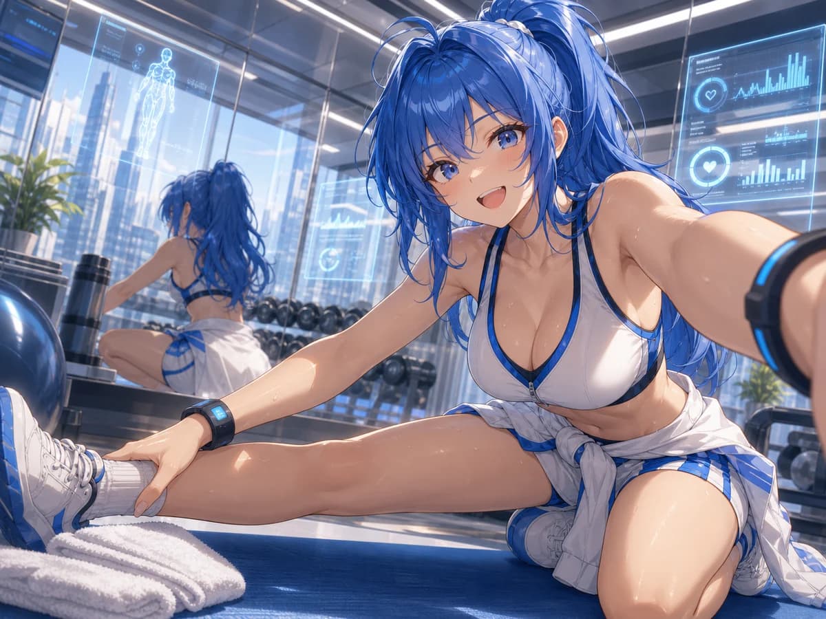 Lexi stretching on a bright gym mat while mirrored Vitalis Form panels reflect her wellness metrics.