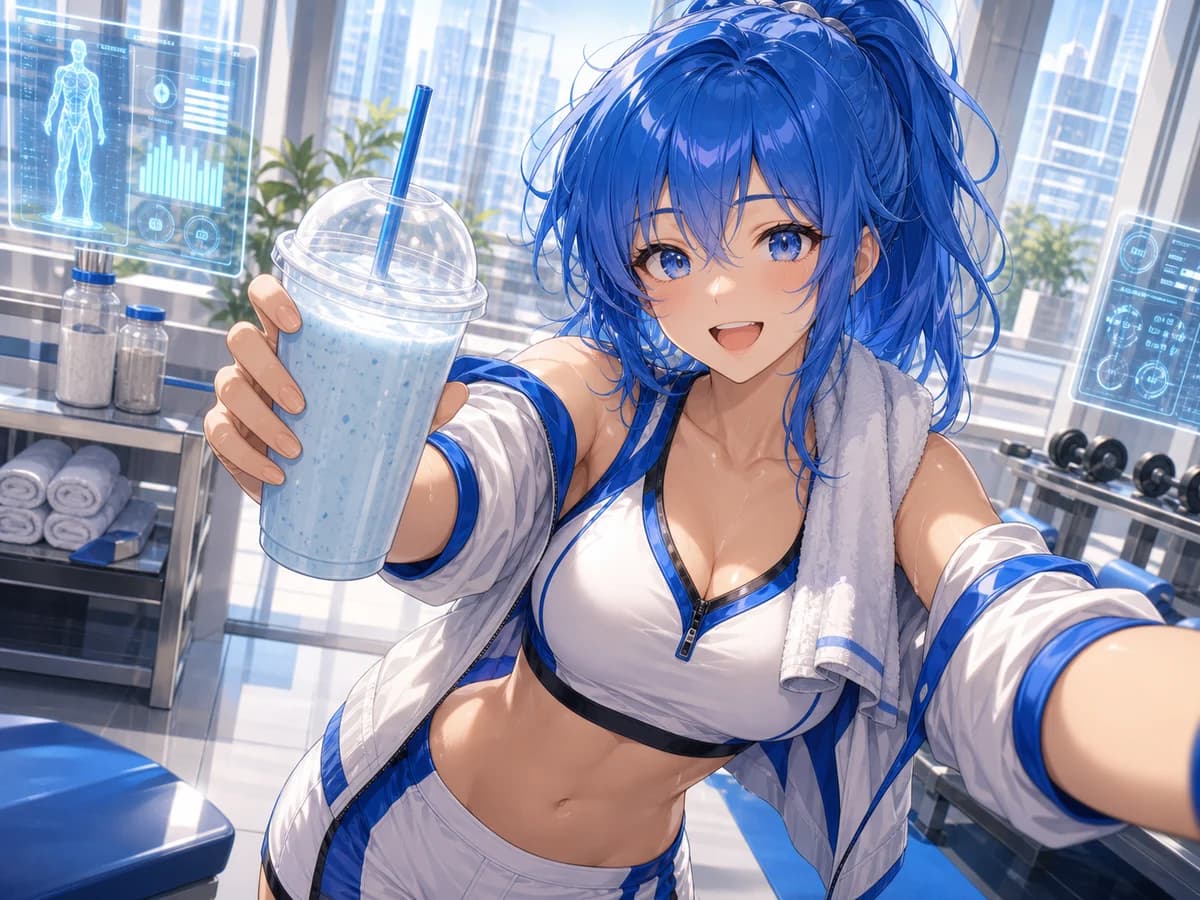 Lexi smiling into a phone camera while holding a recovery smoothie in a bright Vitalis Form gym.