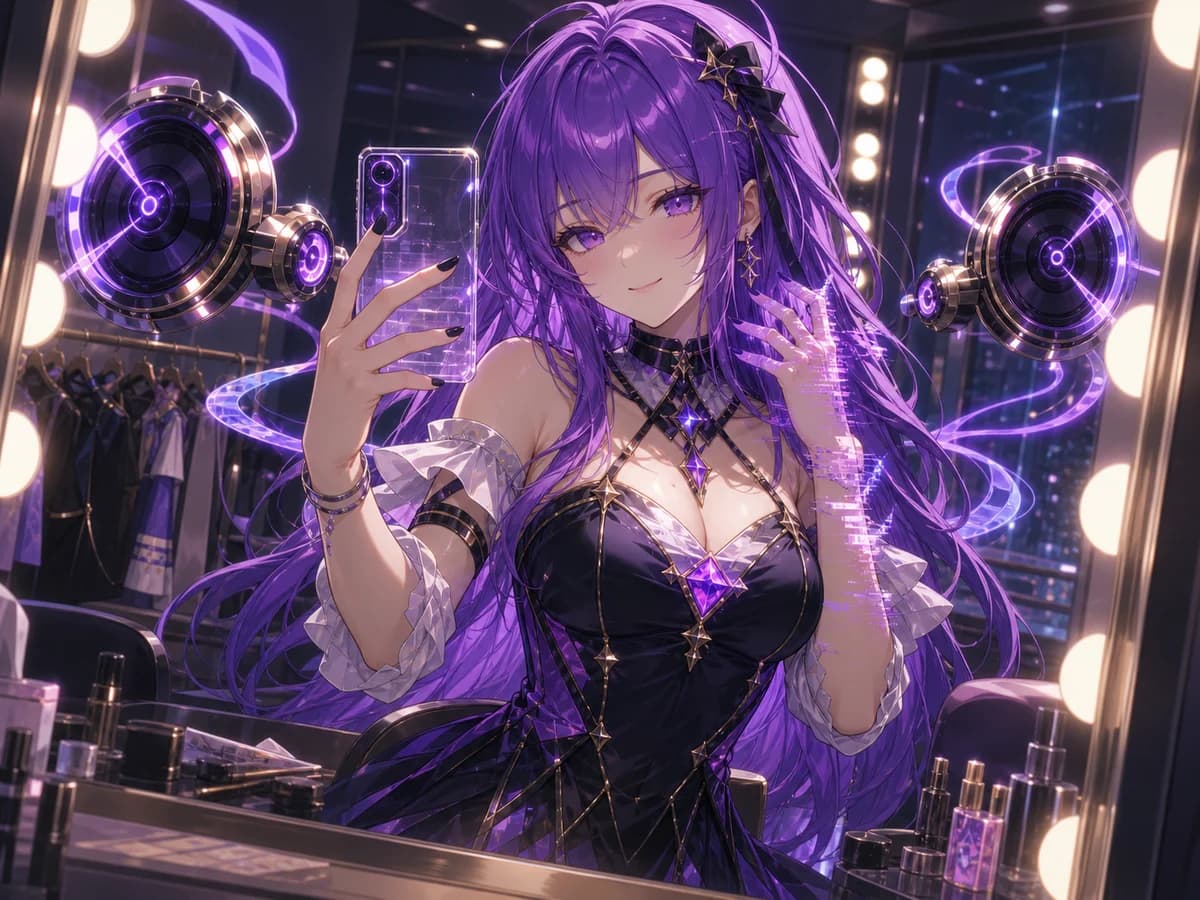 Lyra taking a dressing-room mirror selfie while faint synthetic glitch bloom gathers around her hands.