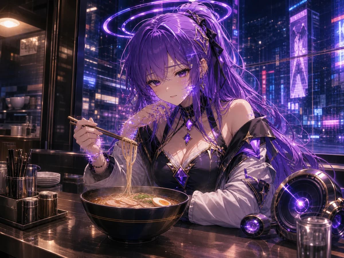 Lyra sitting at a neon noodle counter with a bowl in front of her and faint glitch bloom at her fingertips.