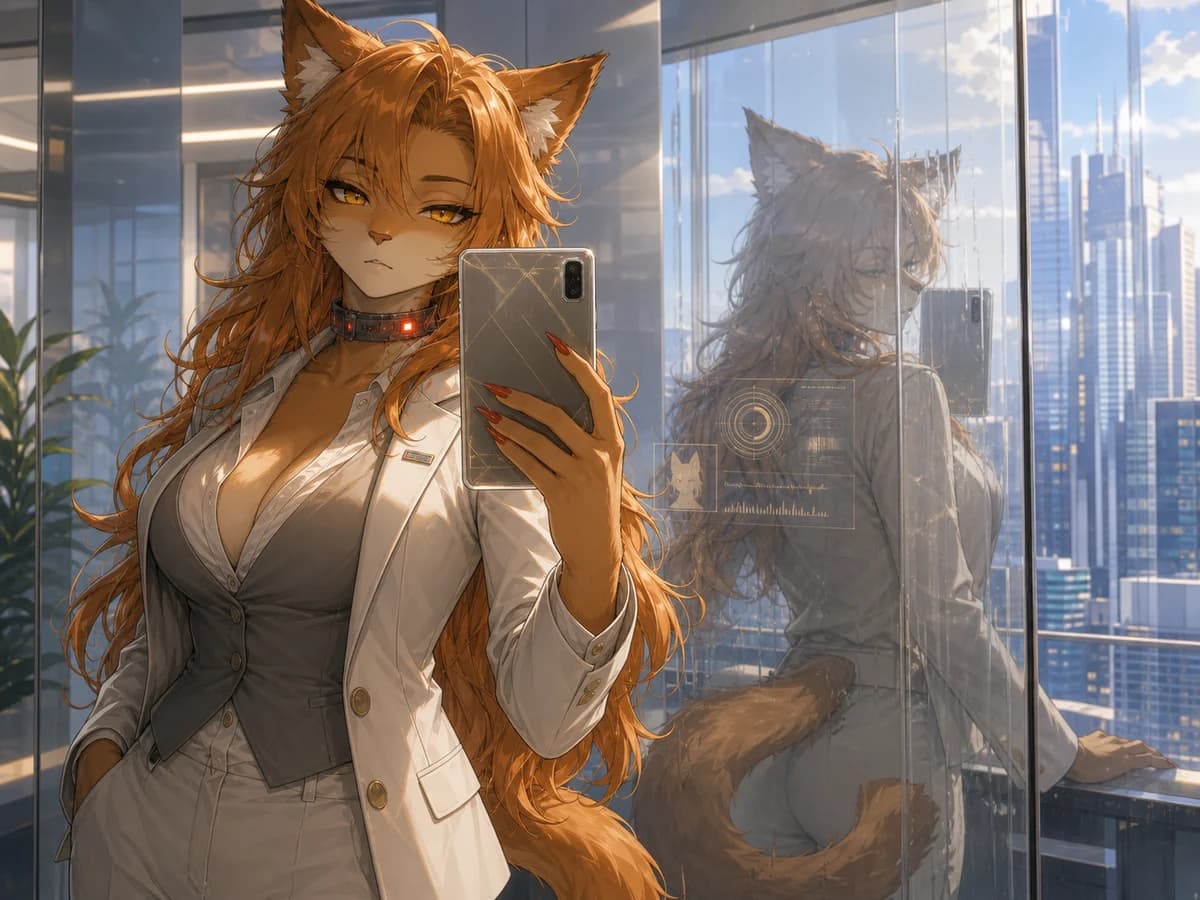 Sable taking a glass selfie in an ivory Aegis suit with her tail reflected against the city.