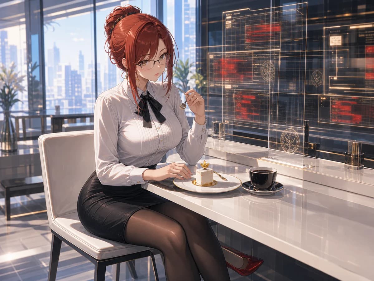Voss eating a perfect archive cafe dessert beside blurred curation screens and a black coffee.