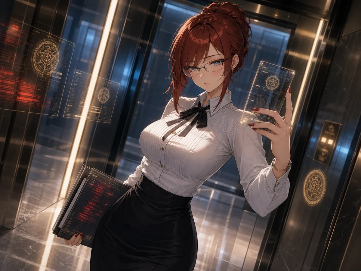 Voss taking a glass-slate mirror selfie in a pristine Lumina Veil elevator lobby after a late content review.