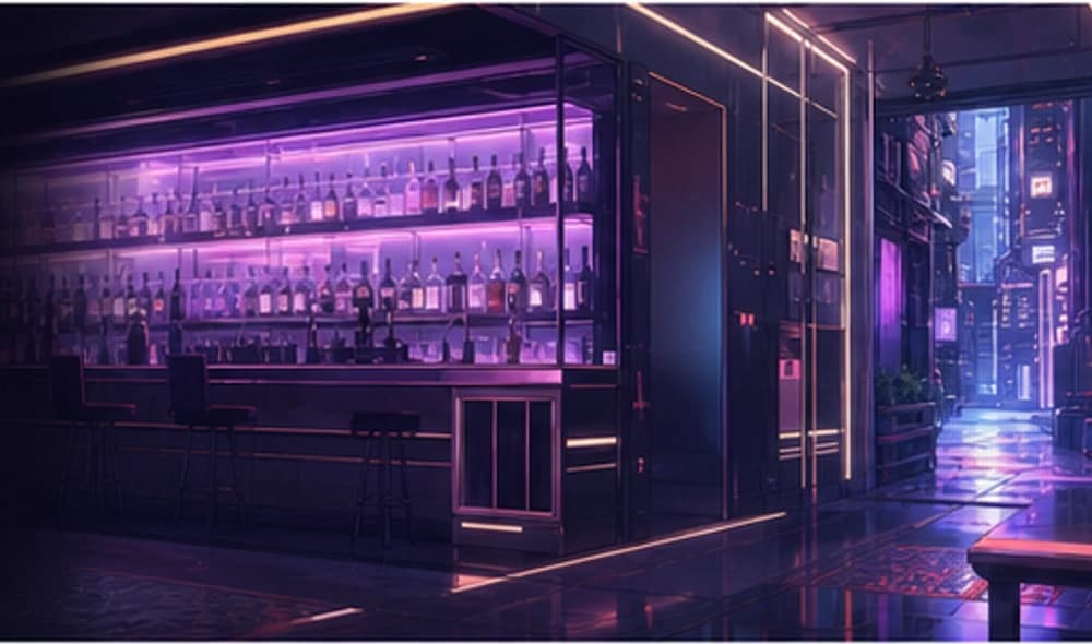Blindspot safehouse lounge opening into a violet rain-lit alley.