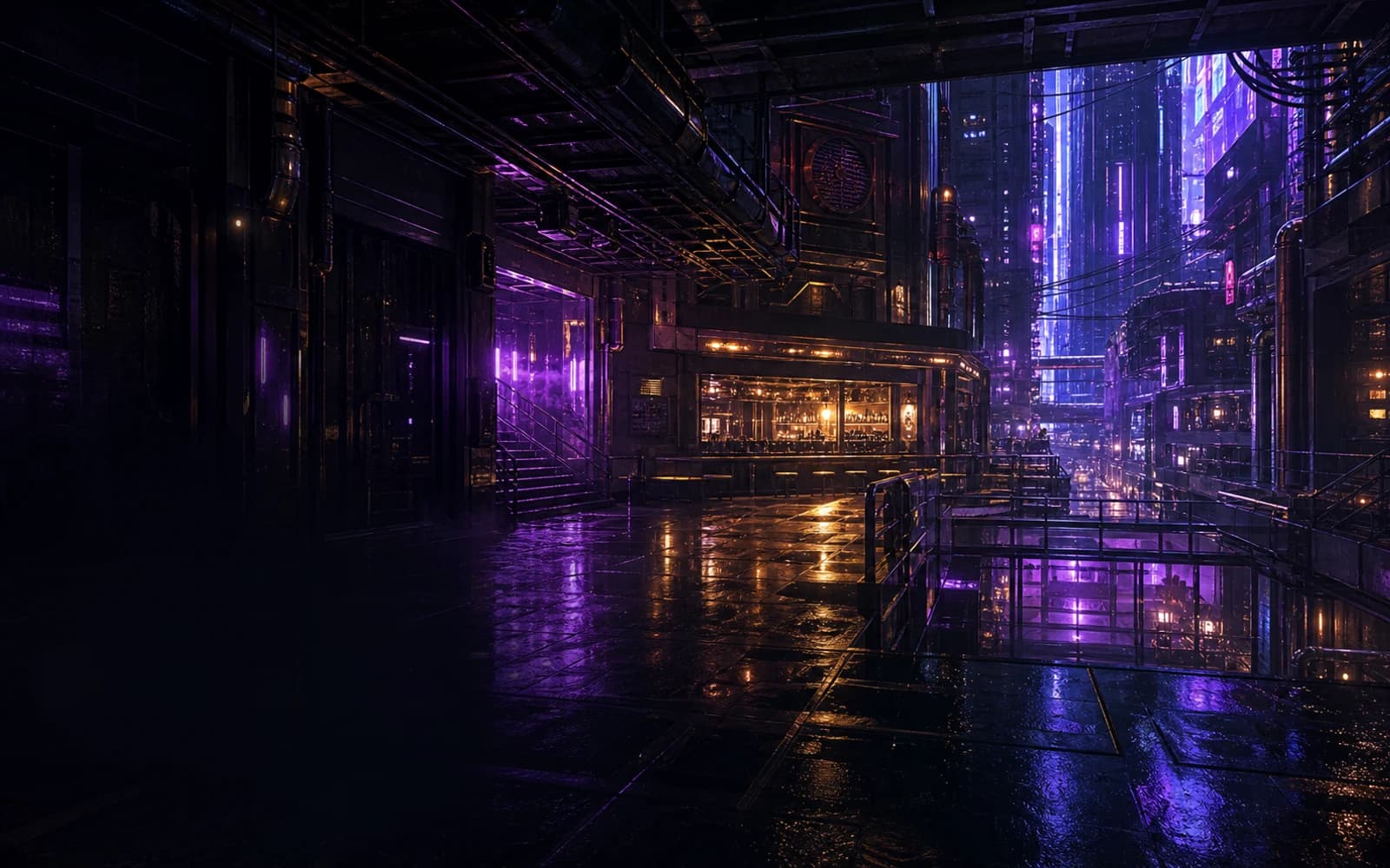Encrypted future city safehouse opening into a rain-lit neon alley.