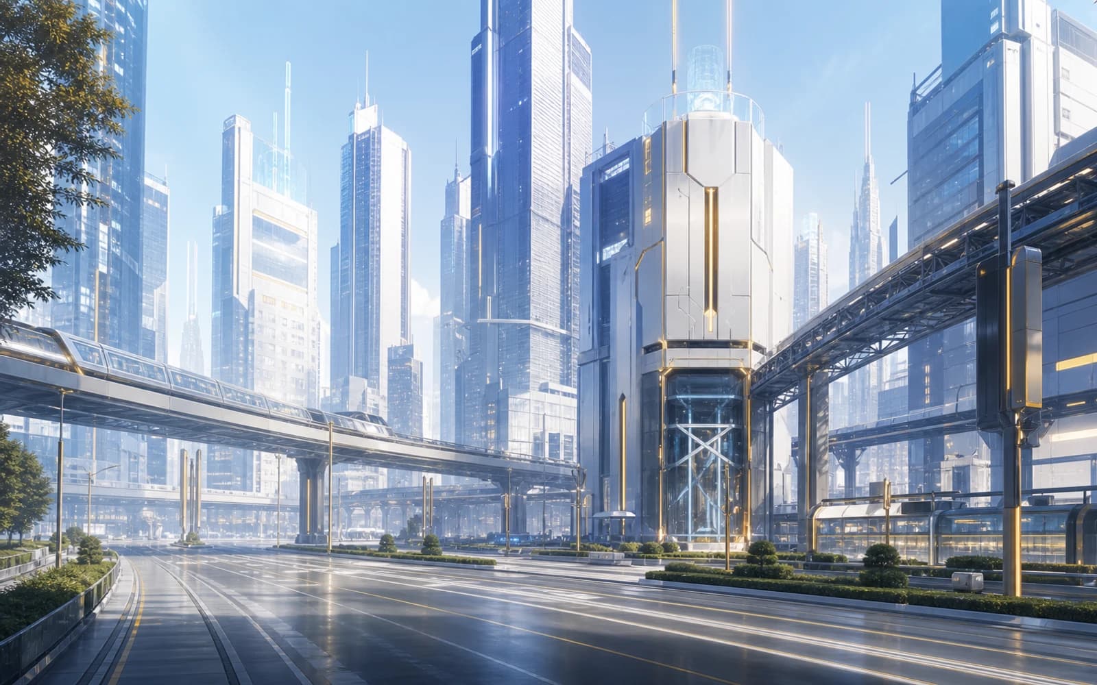 Pristine golden-hour smart-city crossing with glass towers and elevated rail lines.