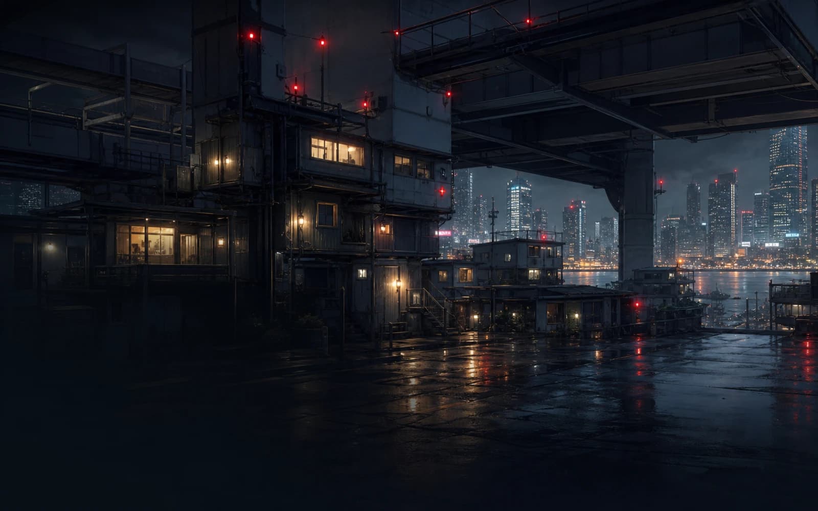 Industrial static ward under elevated expressways with red signal lights.