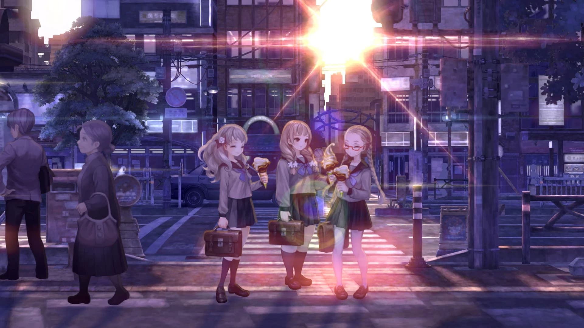 13 Sentinels: Aegis Rim — Freunde treffen sich auf einer Straße unter orangefarbenem Abendhimmel.