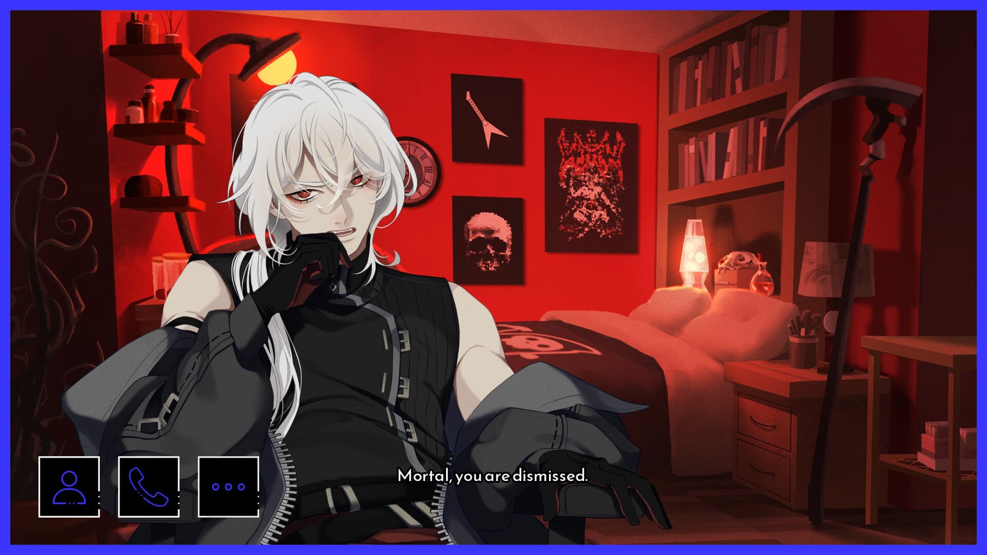 A Date with Death: A pale-haired character sits in a red-lit bedroom, with dialogue choices visible.