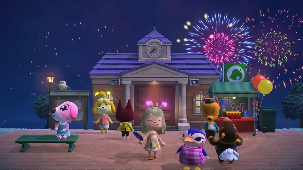 Animal Crossing: New Horizons — 花火が上がる夜、案内所の前に住民たちが集まっている。