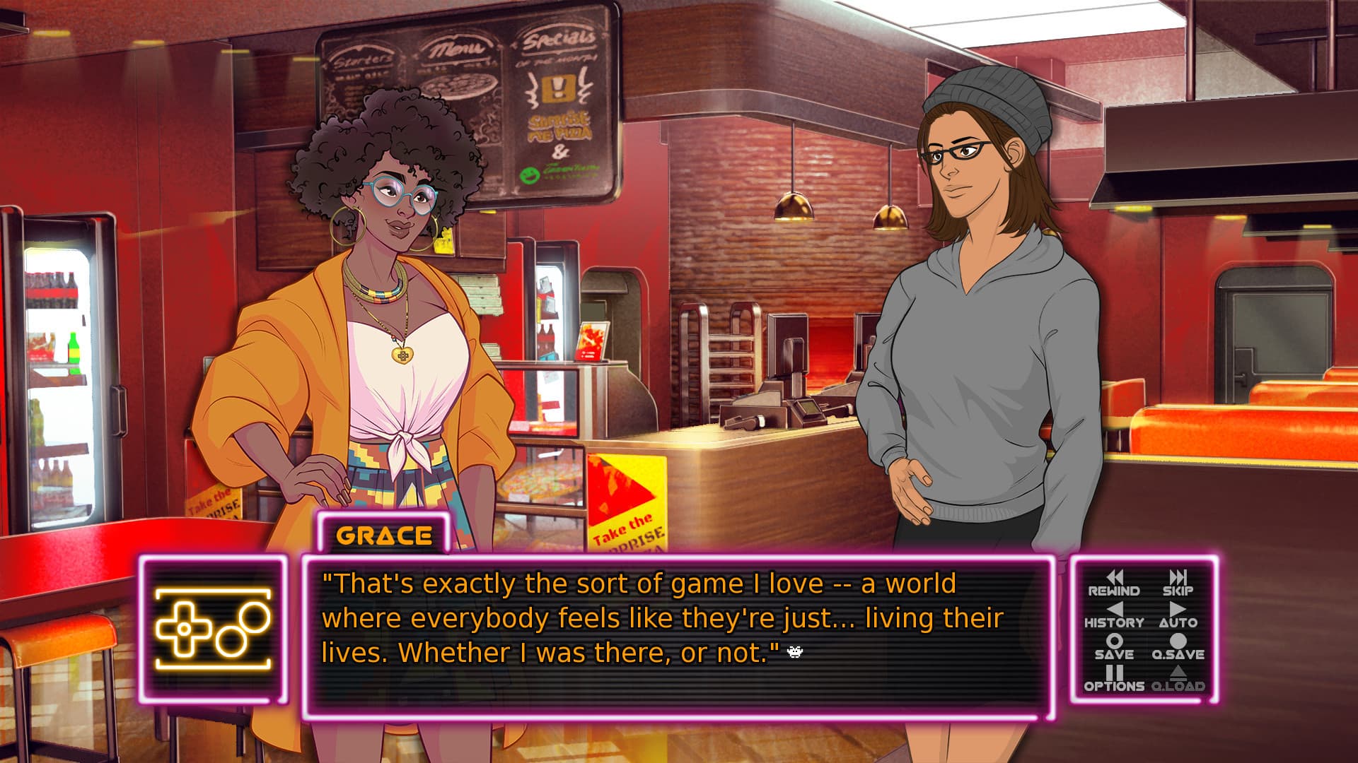 Arcade Spirits: The New Challengers: Zwei Figuren unterhalten sich über einen Arcade-Tresen hinweg; Dialogoptionen sind eingeblendet.