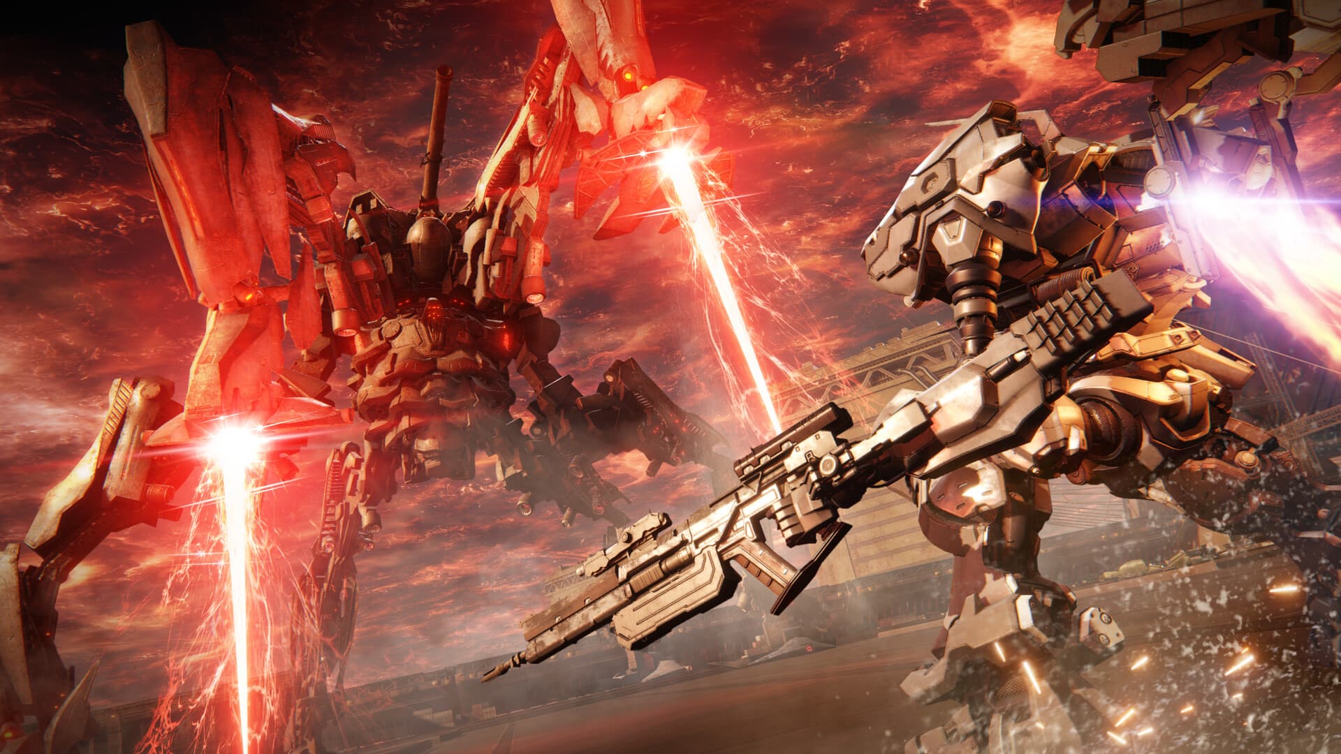 ARMORED CORE™ VI FIRES OF RUBICON™: Un mécha tire avec ses armes dans un combat baigné de lumière rouge.