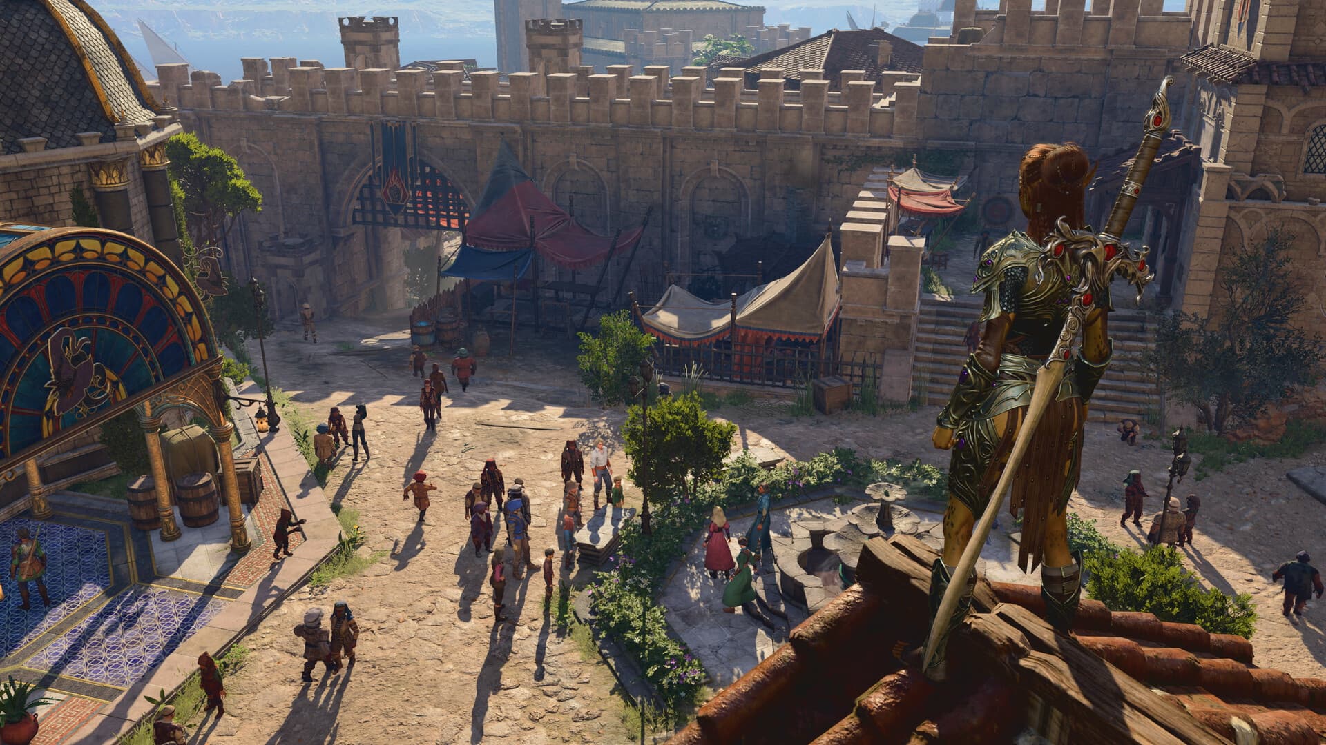 Capture de Baldur’s Gate 3 : un groupe traverse une place médiévale animée.